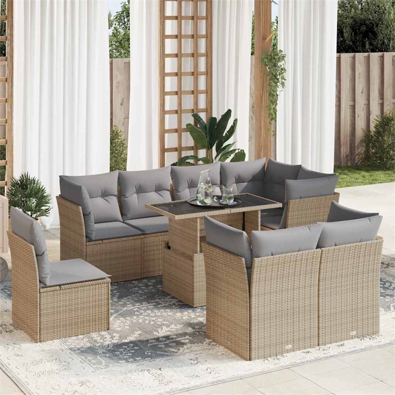 vidaXL 9 Piece Poly Rattan Sofa Set in Gray/Beige