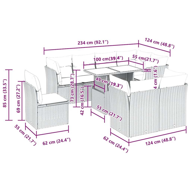 vidaXL 9 Piece Poly Rattan Sofa Set in Gray