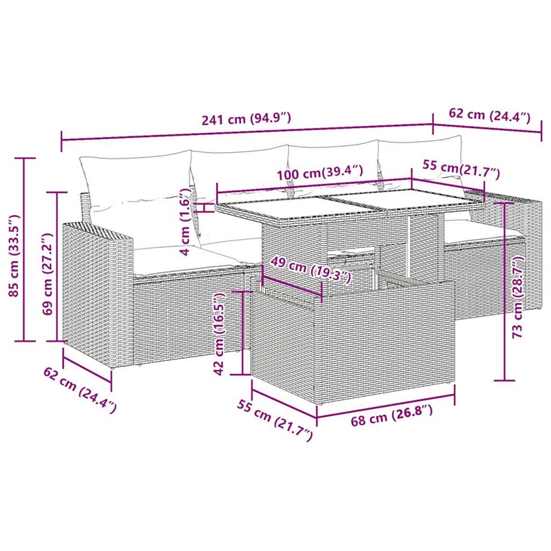 vidaXL 5 Piece Steel Sofa Set in Black/White/Cream