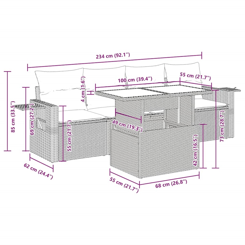 vidaXL 5 Piece Poly Rattan Patio Sofa Set