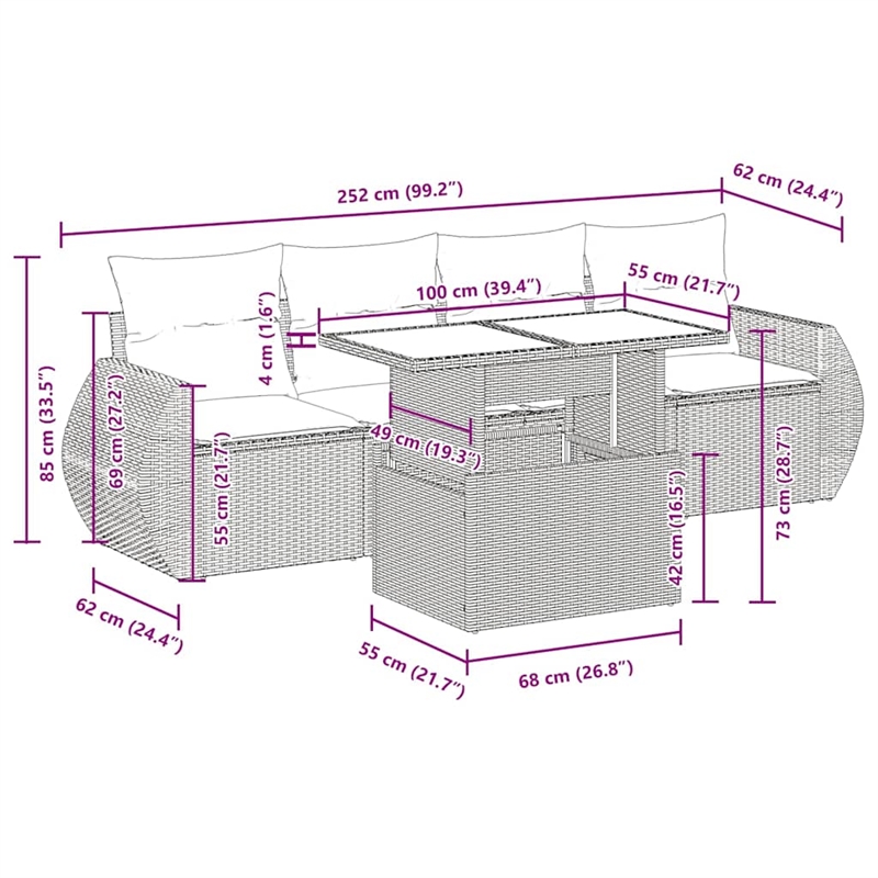 vidaXL 5 Piece Poly Rattan Small Sofa Set in Gray/Beige