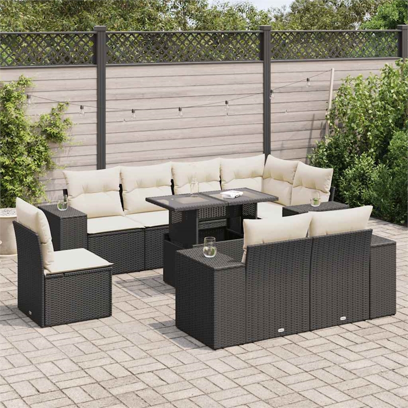 vidaXL 9 Piece Poly Rattan Small Sofa Set in Black/White/Cream