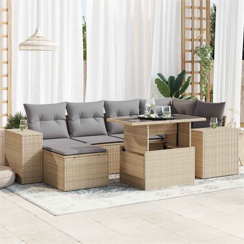vidaXL 7 Piece Poly Rattan Sofa Set in Gray/Beige