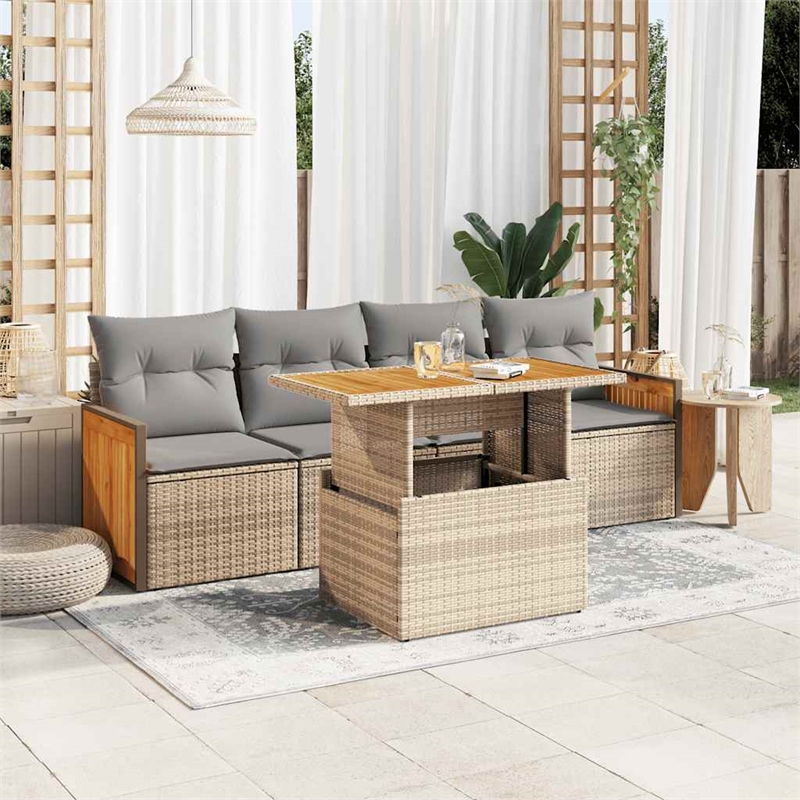 vidaXL 5 Piece Solid Acacia Wood Sofa Set in Gray/Beige