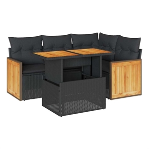 vidaXL 5 Piece Solid Acacia Wood Large Sofa Set w/ Removable Covers in Black
