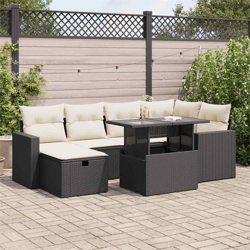 vidaXL 7 Piece Poly Rattan Small Sofa Set in Black/White/Cream