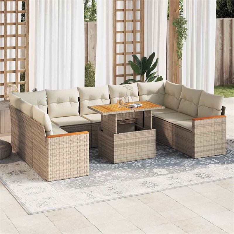 vidaXL 10 Piece Solid Acacia Wood Large Sofa Set in Beige