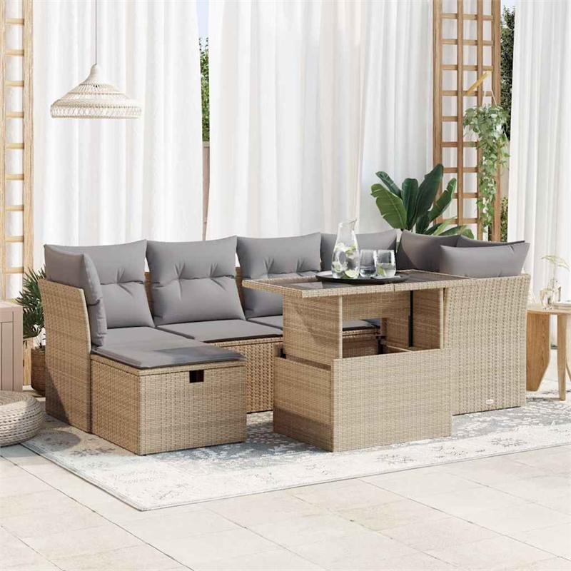 vidaXL 7 Piece Poly Rattan Sofa Set in Gray/Beige
