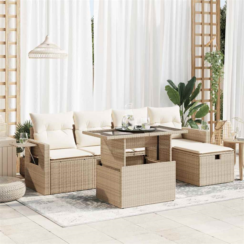 vidaXL 6 Piece Poly Rattan Sofa Set in White/Cream/Beige