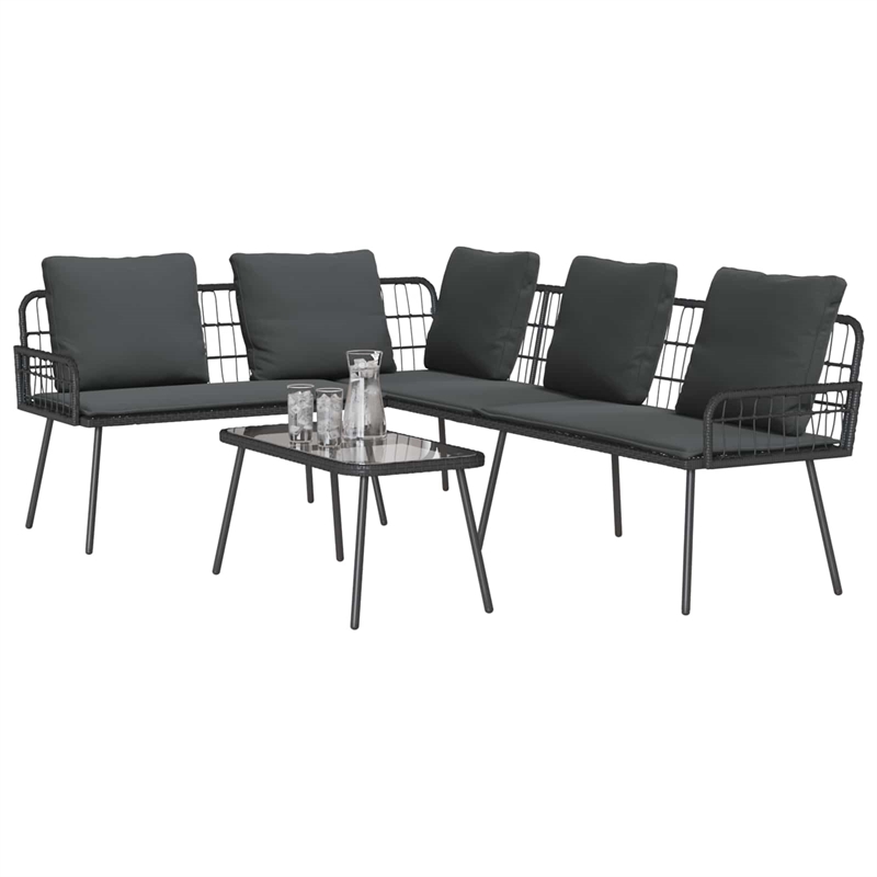 vidaXL Poly Rattan Small Sofa Set with Cushions in Black