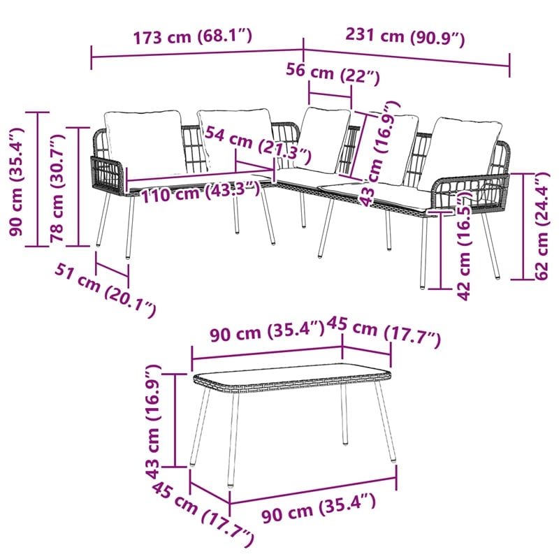 vidaXL Poly Rattan Small Sofa Set with Cushions in Black