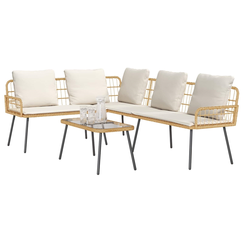 vidaXL Poly Rattan Small Sofa Set with Cushions in Natural