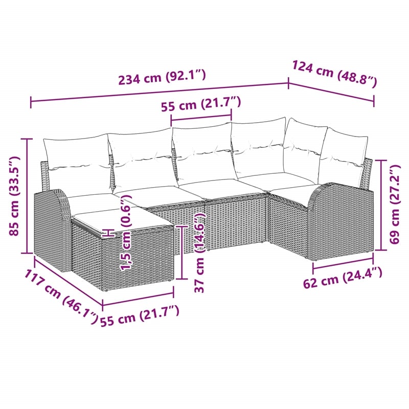 vidaXL Poly Rattan Sofa Set with Cushions in Gray