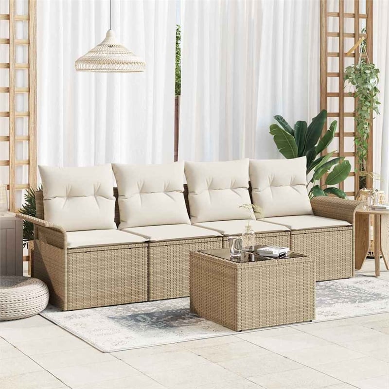vidaXL Poly Rattan Sofa Set with Cushions in Beige