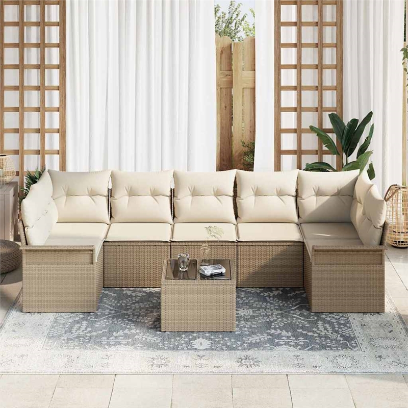 vidaXL Poly Rattan Sofa Set with Cushions in Beige