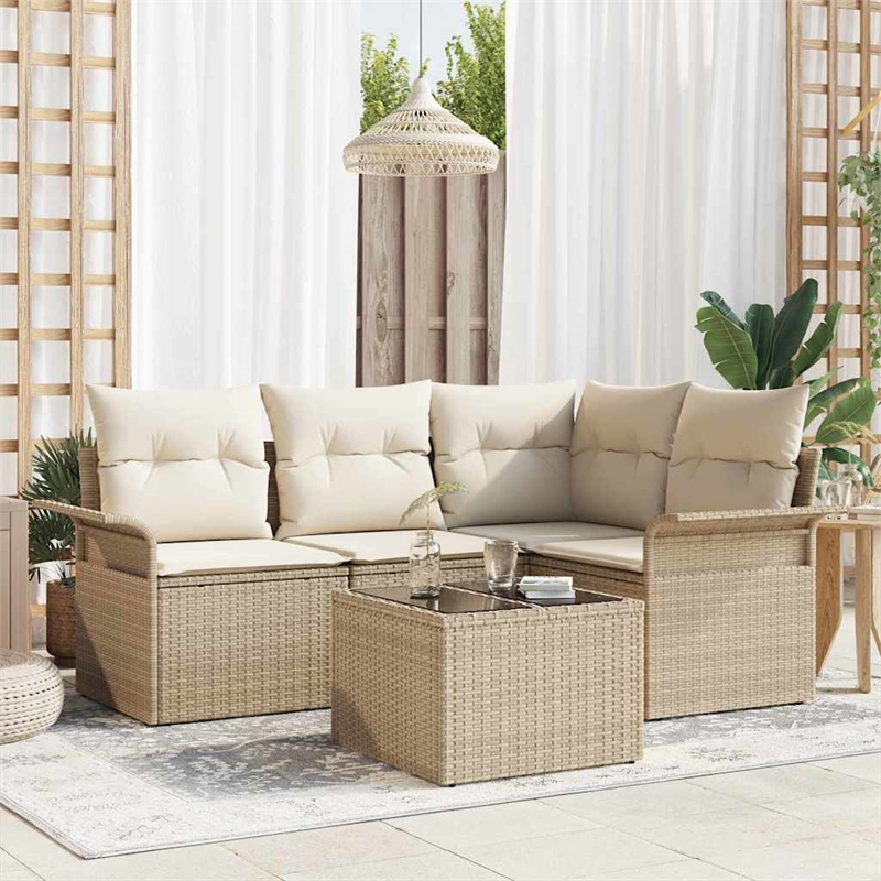 vidaXL Poly Rattan Sofa Set with Cushions in Beige