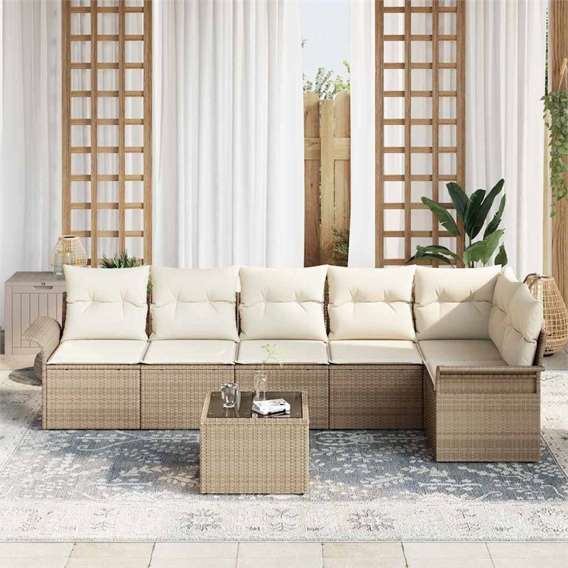 vidaXL Poly Rattan Sofa Set with Cushions in Beige