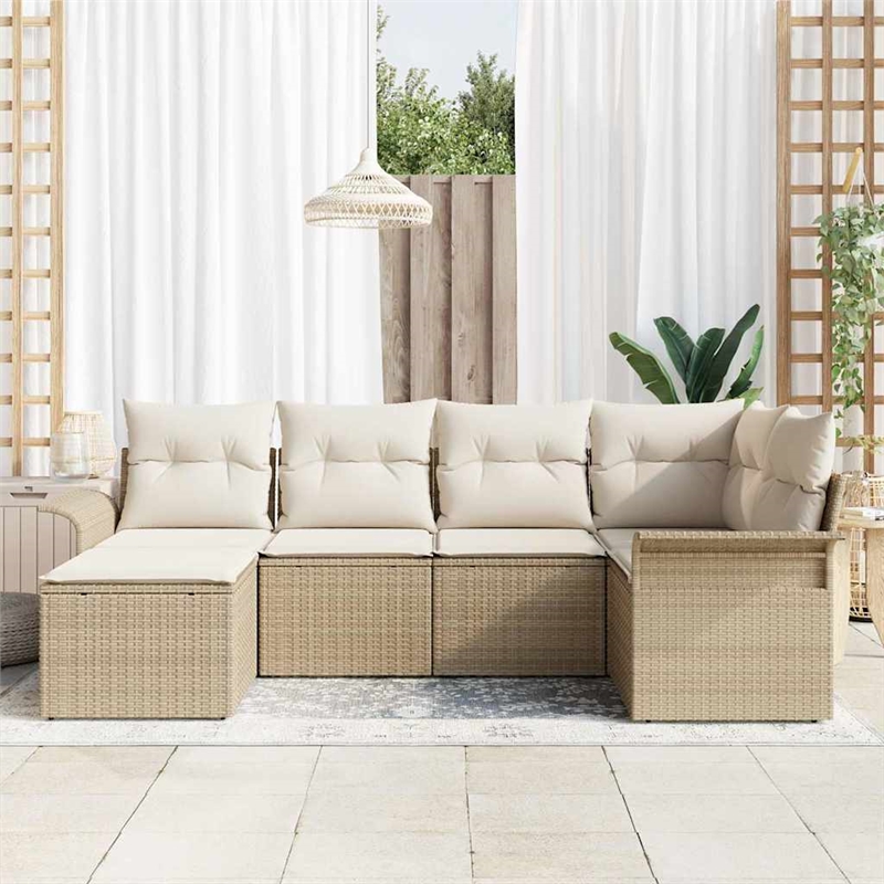 vidaXL Poly Rattan Sofa Set with Cushions in Beige