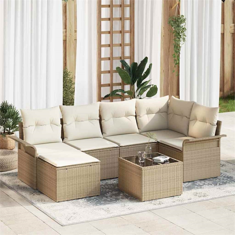 vidaXL Poly Rattan Sofa Set with Cushions in Beige