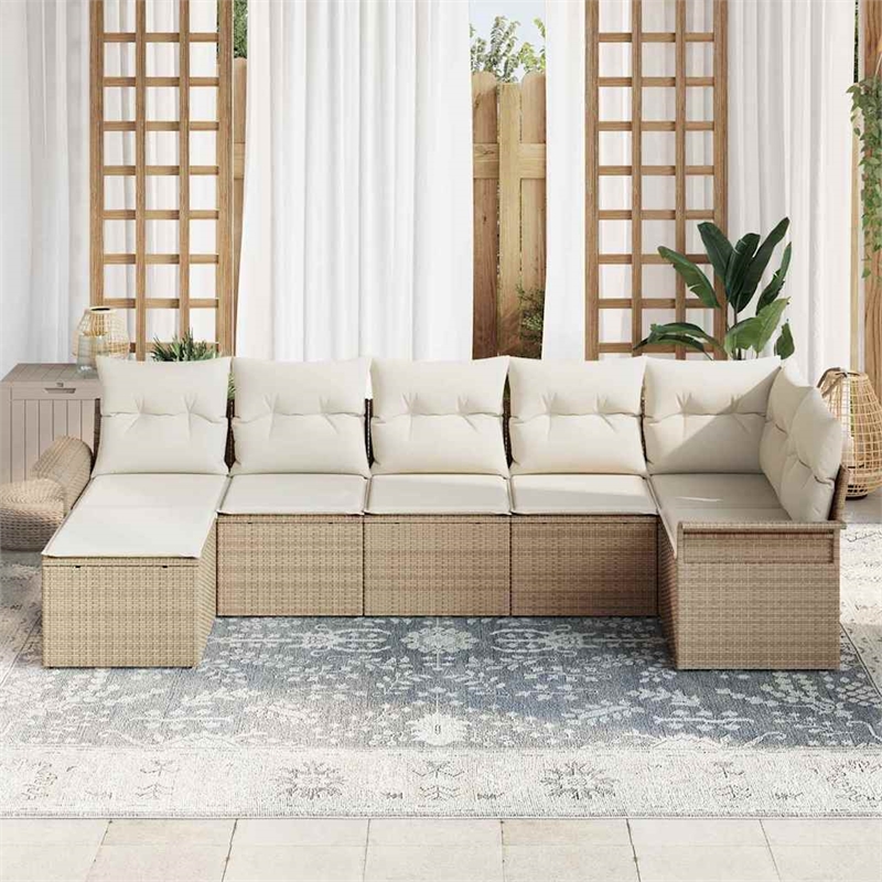 vidaXL Poly Rattan Sofa Set with Cushions in Beige