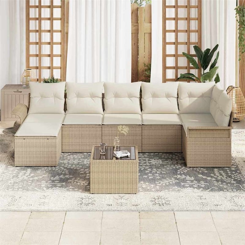 vidaXL Poly Rattan Sofa Set with Cushions in Beige