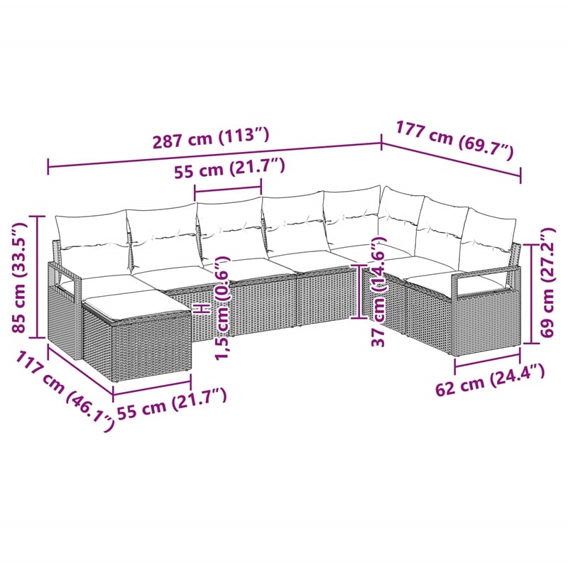 vidaXL Poly Rattan Sofa Set with Cushions in Gray