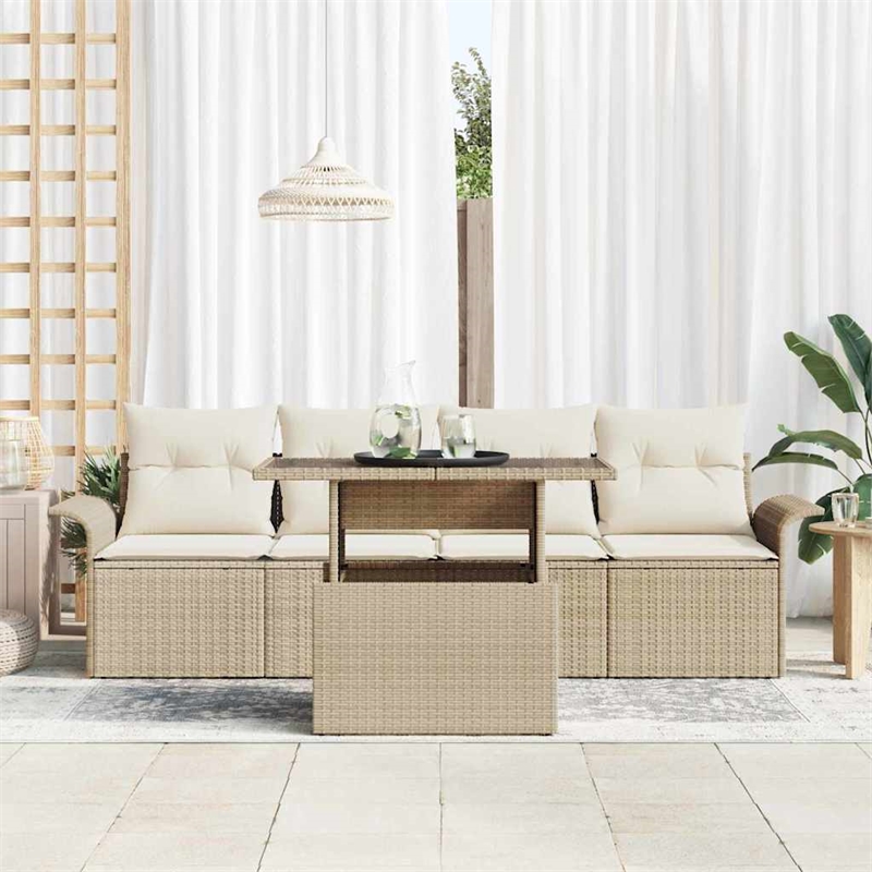 vidaXL Poly Rattan Sofa Set with Cushions in Beige