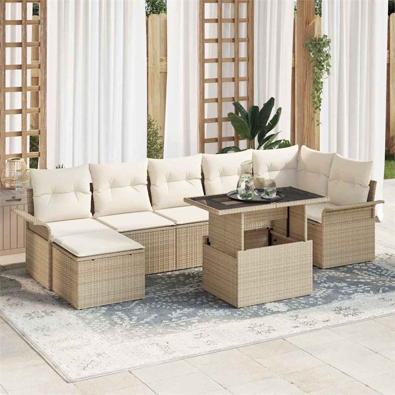 vidaXL Poly Rattan Sofa Set with Cushions in Beige