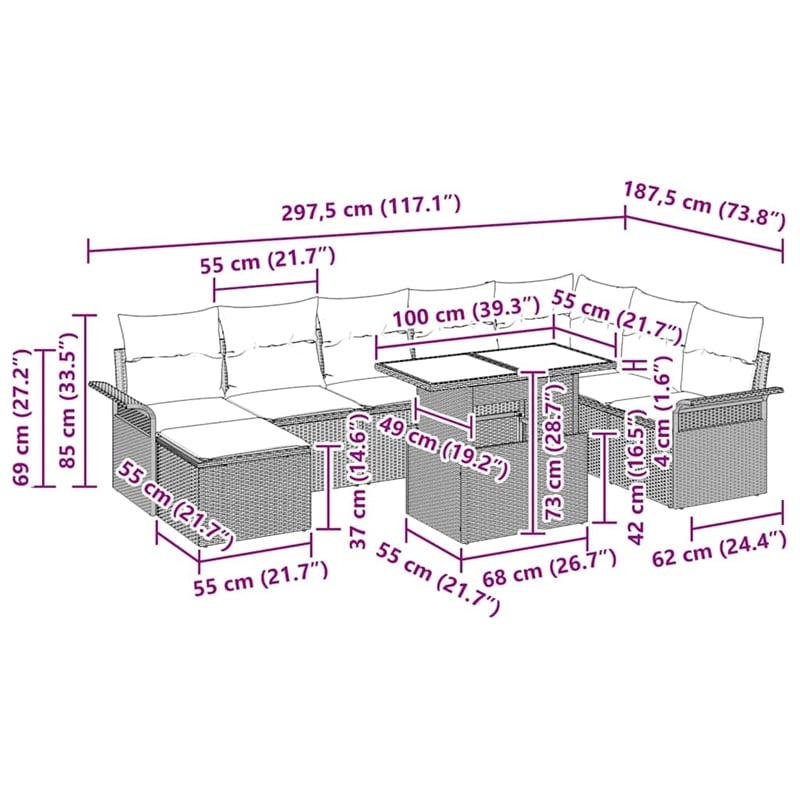 vidaXL Poly Rattan Sofa Set with Cushions in Beige