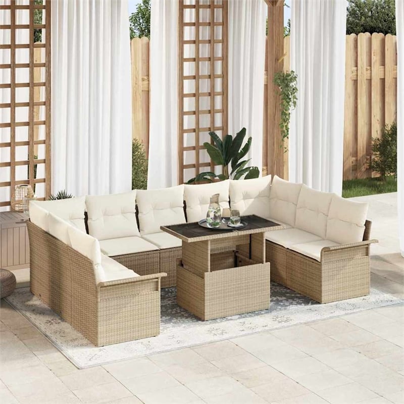 vidaXL Poly Rattan Sofa Set with Cushions in Beige