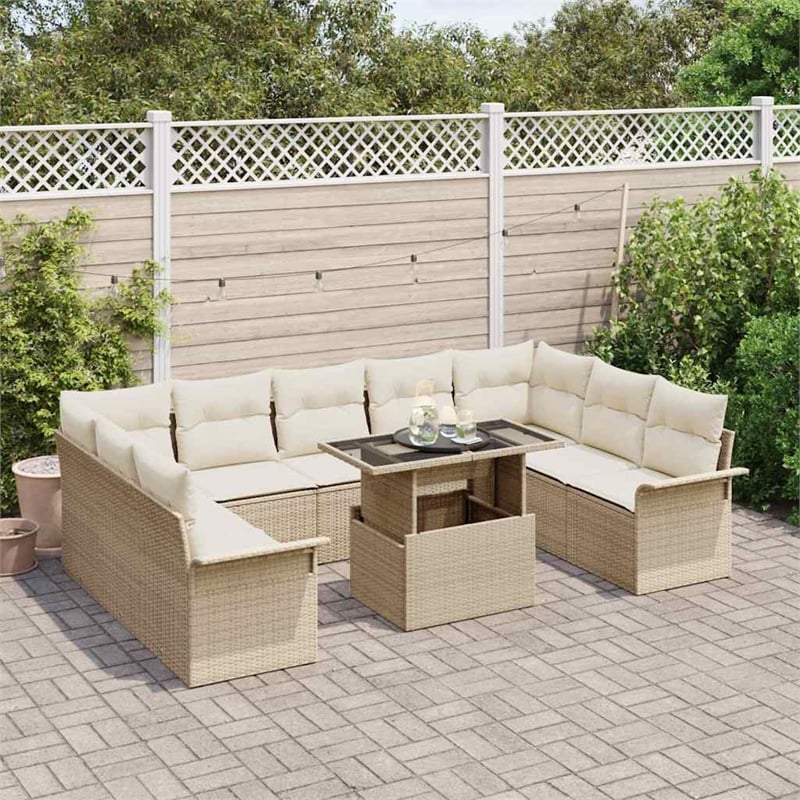 vidaXL Poly Rattan Sofa Set with Cushions in Beige