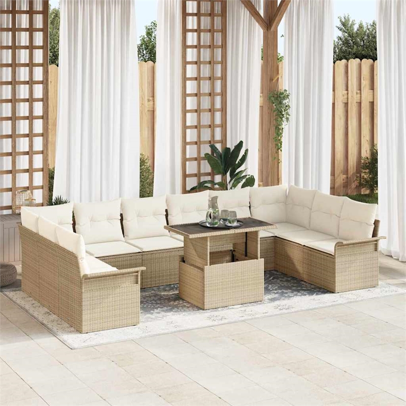 vidaXL Poly Rattan Sofa Set with Cushions in Beige