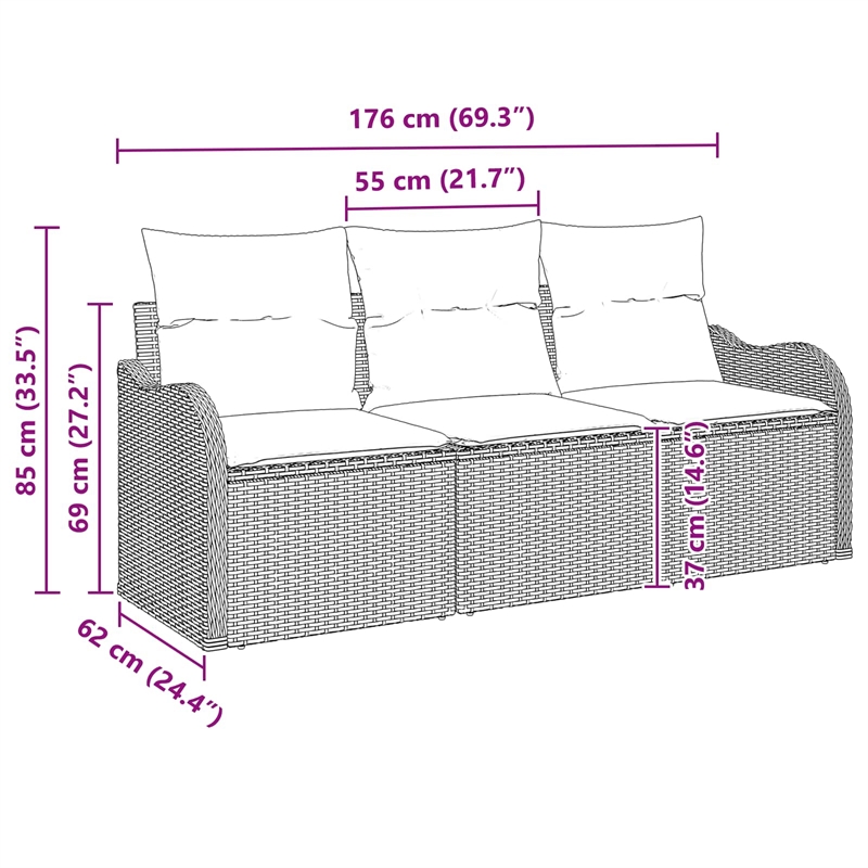 vidaXL Poly Rattan Sofa Set with Cushions in Black