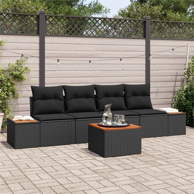 vidaXL Poly Rattan Small Sofa Set with Cushions in Black