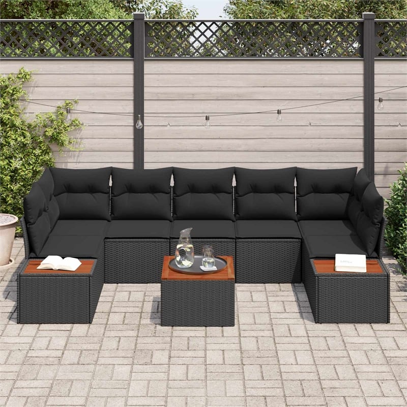 vidaXL Poly Rattan Sofa Set with Cushions in Black