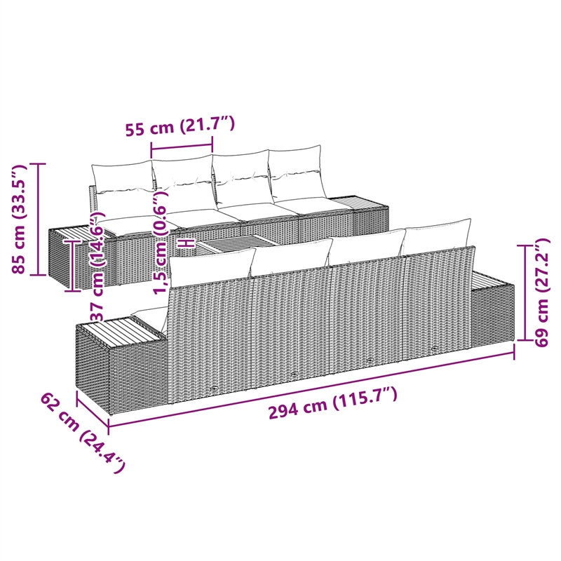 vidaXL Poly Rattan Sofa Set with Cushions in Black