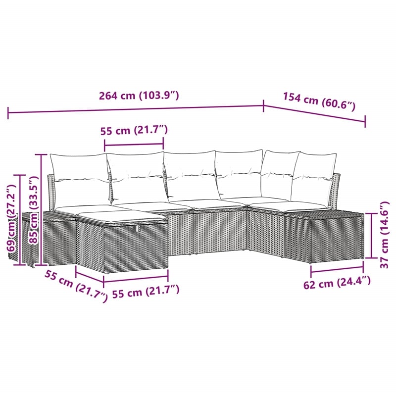 vidaXL Poly Rattan Sofa Set with Cushions in Gray