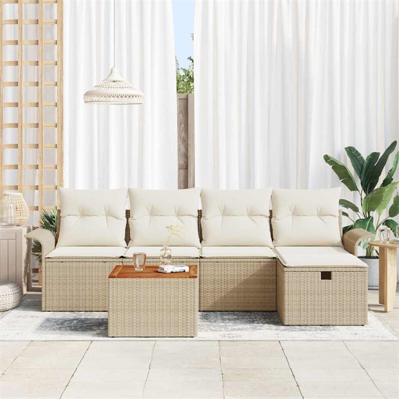vidaXL Poly Rattan Sofa Set with Cushions in Beige