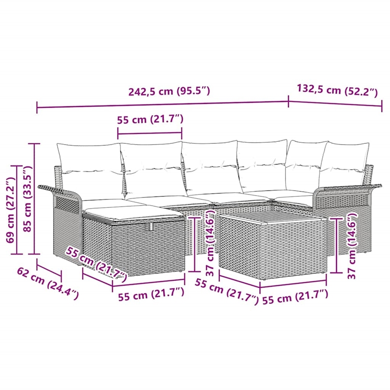vidaXL Poly Rattan Sofa Set with Cushions in Beige