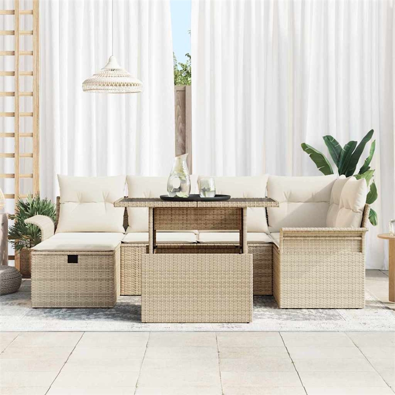 vidaXL Poly Rattan Sofa Set with Cushions in Beige