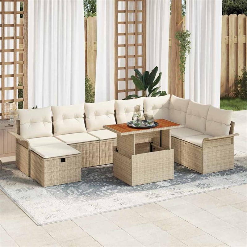 vidaXL Poly Rattan Small Sofa Set with Cushions in Beige