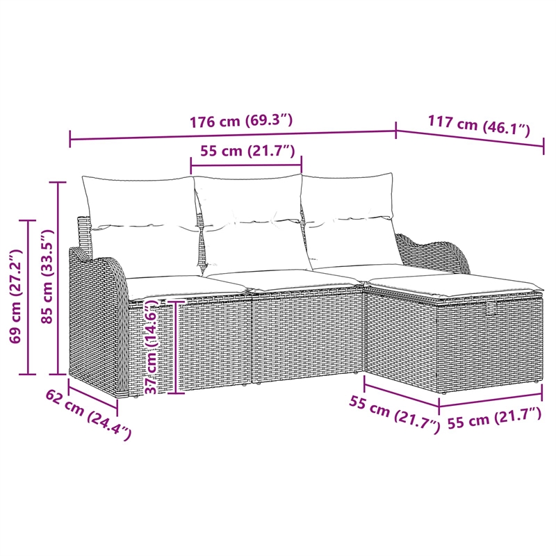 vidaXL Poly Rattan Sofa Set with Cushions in Black