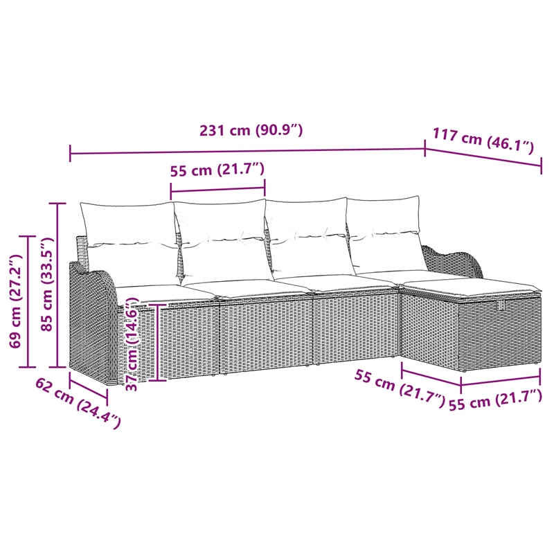 vidaXL Poly Rattan Small Sofa Set with Cushions in Gray