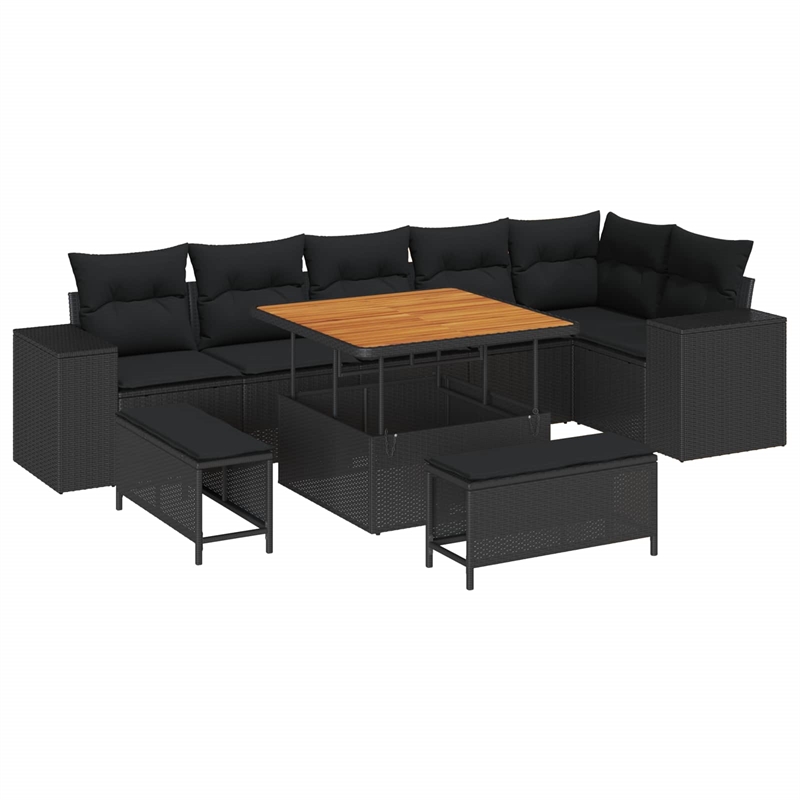 vidaXL Poly Rattan Sofa Set with Cushions in Black