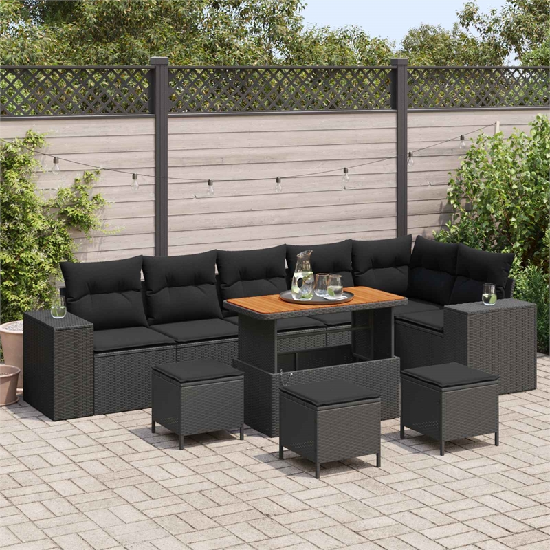 vidaXL Poly Rattan Sofa Set with Cushions in Black
