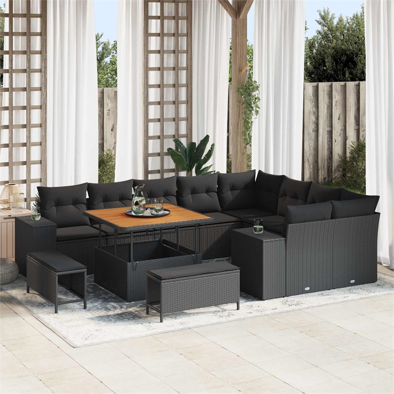 vidaXL Poly Rattan Sofa Set with Cushions in Black