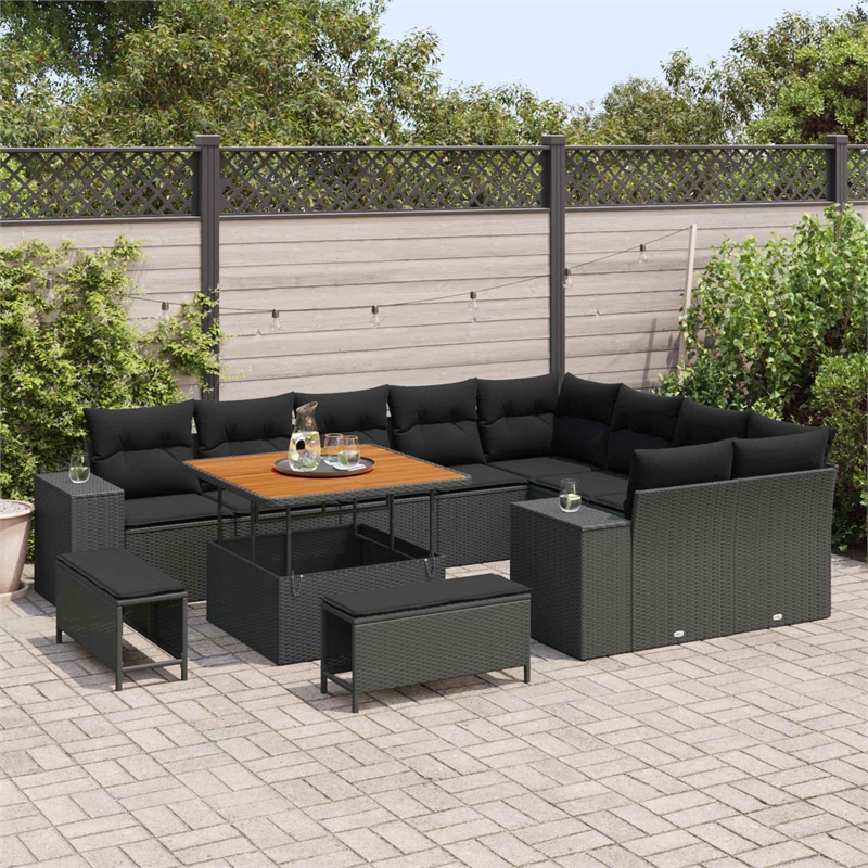 vidaXL Poly Rattan Sofa Set with Cushions in Black