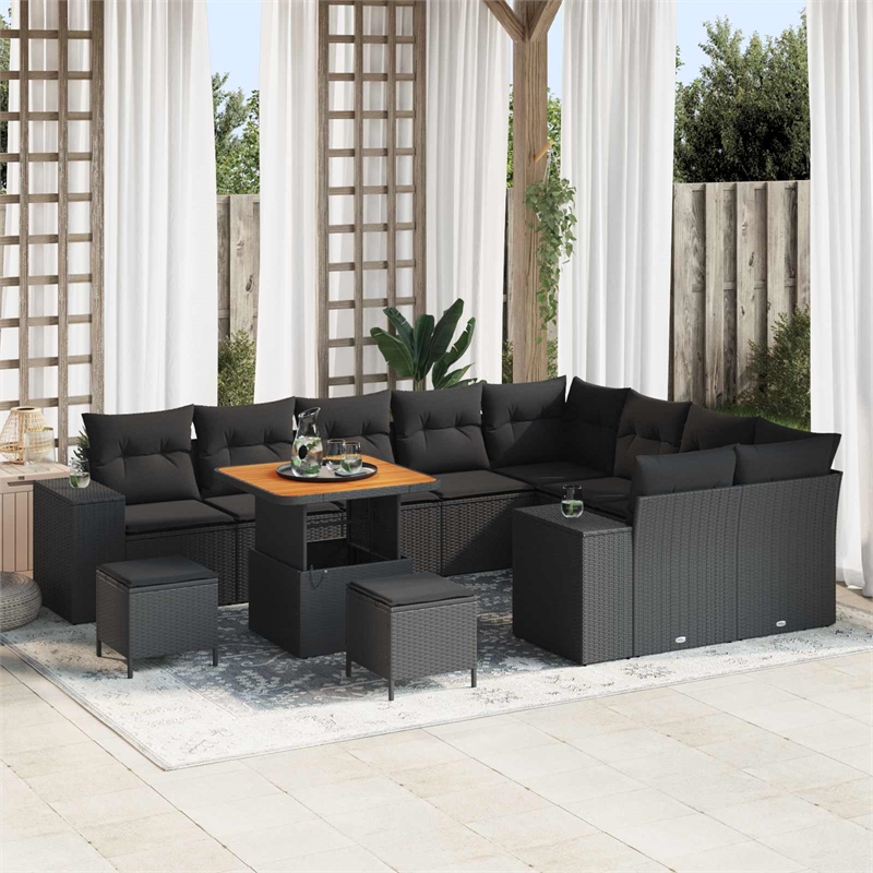 vidaXL Poly Rattan Sofa Set with Cushions in Black