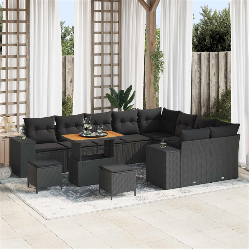 vidaXL Poly Rattan Sofa Set with Cushions in Black