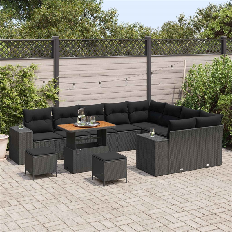 vidaXL Poly Rattan Sofa Set with Cushions in Black